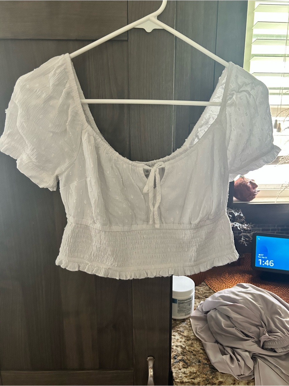 Hollister White Tie-Front Smocked Crop Top
